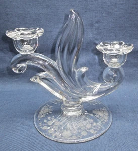 VINTAGE CLEAR ETCHED GLASS BASE DOUBLE CANDLE HOLDER--L-21 - Picture 1 of 10