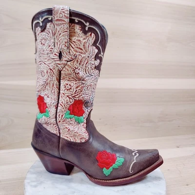 Tony Lama Roses Botas Occidentales Mujer 8 B Marrón Blanco Puntera Cortada ANGUSTIADAS Foto 1 de 4