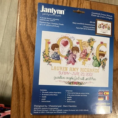 JANLYNN COUNTED CROSS STITCH KIT CHERUBS BIRTH ANNOUNCEMENT 12" X 15" - Image 1 of 4