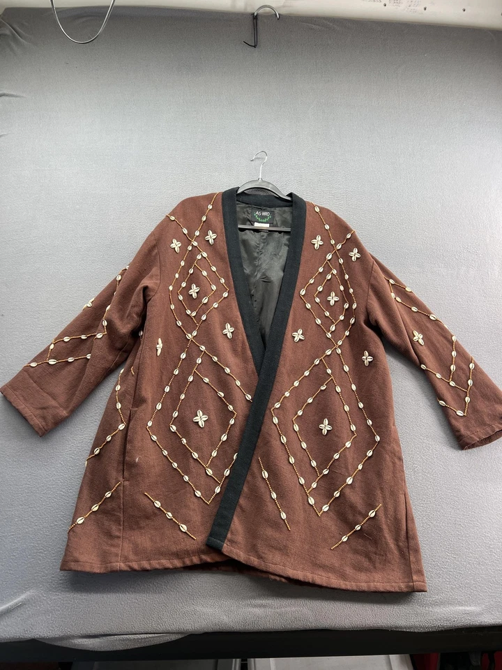 Chaqueta Ashro Mujer Pequeña Marrón Cowrie Shell Cuentas Forrada Frente Abierto Boho Tribal Foto 1 de 4