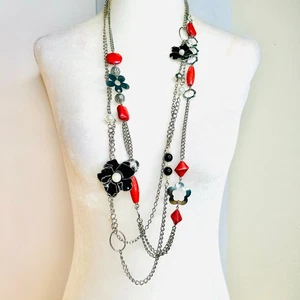 Red and Black Silver Tone Flower Station Necklaces  - Picture 1 of 3