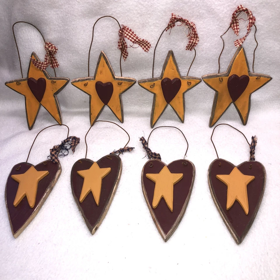 4 enfeites de madeira para decoração de campo estrelas primitivas corações rústico amarelo vermelho arte popular - Imagem 1 de 4