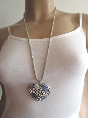 Damen Hals Kette Modekette lang Statement Strass Herz Silber Rose Blau Bling - Bild 1 von 4