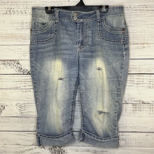 Angels Jeans Womens 12 Blue Denim Capri Distressed Ramie Blend Flap Pockets - Picture 1 of 14