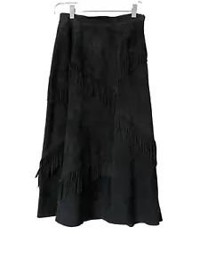 Antonio De Pescara Vintage Black Suede Fringed Midi Skirt Size 8 Made in Italy - Picture 1 of 12