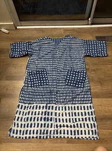 Indian Hopscotch Pattern Kaftan Dress Short Sleeve BLUE L/XL 100% Linen Summer - Picture 1 of 9