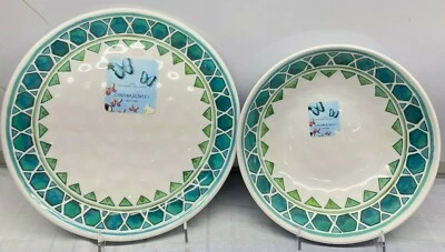Juego de 8 piezas de 4 platos de cena verde azulado abstracto 4 ensaladeras Cynthia Rowley melamina nuevo Foto 1 de 4