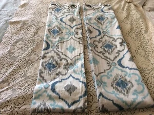 IKAT blau-grau-weiß Ösen (2) Paneele 100 % Baumwolle GARDINEN 38"X77" - Bild 1 von 5
