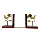 Vintage Farmhouse Rooster Weathervane Lacquered Mahogany Bookends - A Pair