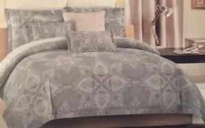 TAHARI GREY METALLIC SILVER MEDALLION FULL QUEEN DUVET COVER SET W / SHAMS - Picture 1 of 5
