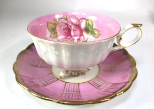 L&M Royal Halsey 3 Footed Teacup & Royal Sealy Saucer Pink Floral w Gold Gilt - Picture 1 of 6
