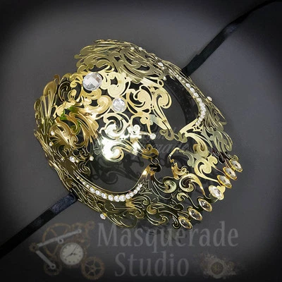 Womens Full Skull Phantom Day of the Dead Halloween Masquerade Mask [Gold] - Image 1 of 4