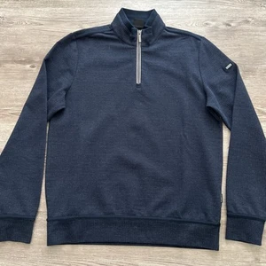 Bugatti Sporty Cotton Stretch Quarter Zip Sweater Mens Medium Navy Knit Logo - Picture 1 of 14