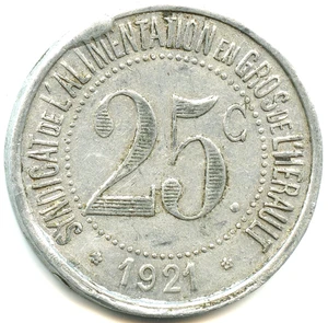 jeton 25 centimes syndicat de l'alimentation en gros de l'Hérault 1921 n°7648 - Foto 1 di 2