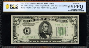 1934 $5 Dallas DGS Mule FRN - PCGS Banknote Gem 65 PPQ - TOP POP 1/1 at PCGS! - Picture 1 of 2