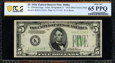 1934 $5 Dallas DGS Mule FRN - PCGS Banknote Gem 65 PPQ - TOP POP 1/1 at PCGS! - Image 1 of 2