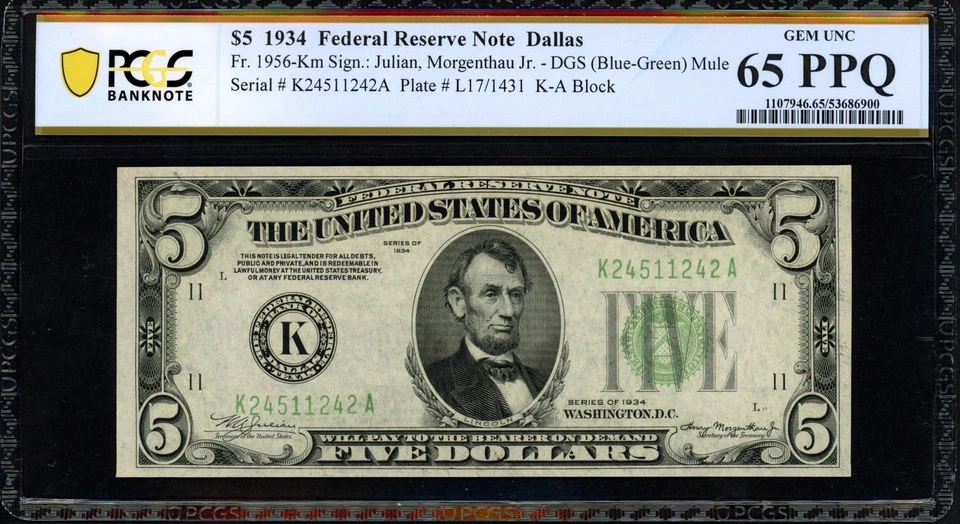 1934 $5 Dallas DGS Mule FRN - PCGS Banknote Gem 65 PPQ - TOP POP 1/1 at PCGS! - Image 1 of 2