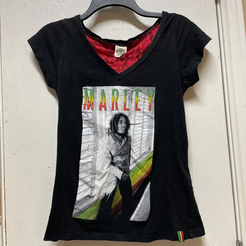 Bob Marley Burnin Women’s Distressed Fitted V Neck Band Tee Black Red Lace Boho - Image 1 of 4