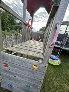 Climbing Frame With 2 Swings , A Rock Climbing Wall A Big Slide With A Fort - Picture 1 of 11
