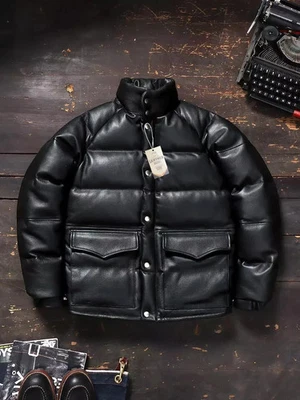 Men's Puffer Jacket 100% Lambskin Leather Quilted Bomber Jacket - Black Colour - Image 1 of 4