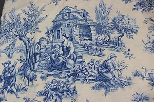 Country House Fishing Working People Dog Trees Scene Fabric 54 x 180 inches - Picture 1 of 1