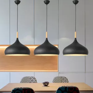 Set of 3 Kitchen Island Pendant Lights Wood Lamp Dining Room Black Ceiling Light - Picture 1 of 11