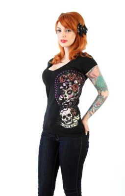 Auténtica Camiseta LUCKY 13 Sombra Dama Calavera de Azúcar Niña Juniors Cuello en V S-2XL NUEVA Foto 1 de 2