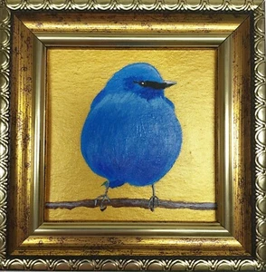 Original Pájaro Azul Pintura Pájaro en una Rama Obra de Arte Enmarcado en Oro Bluebird Arte - Imagen 1 de 11