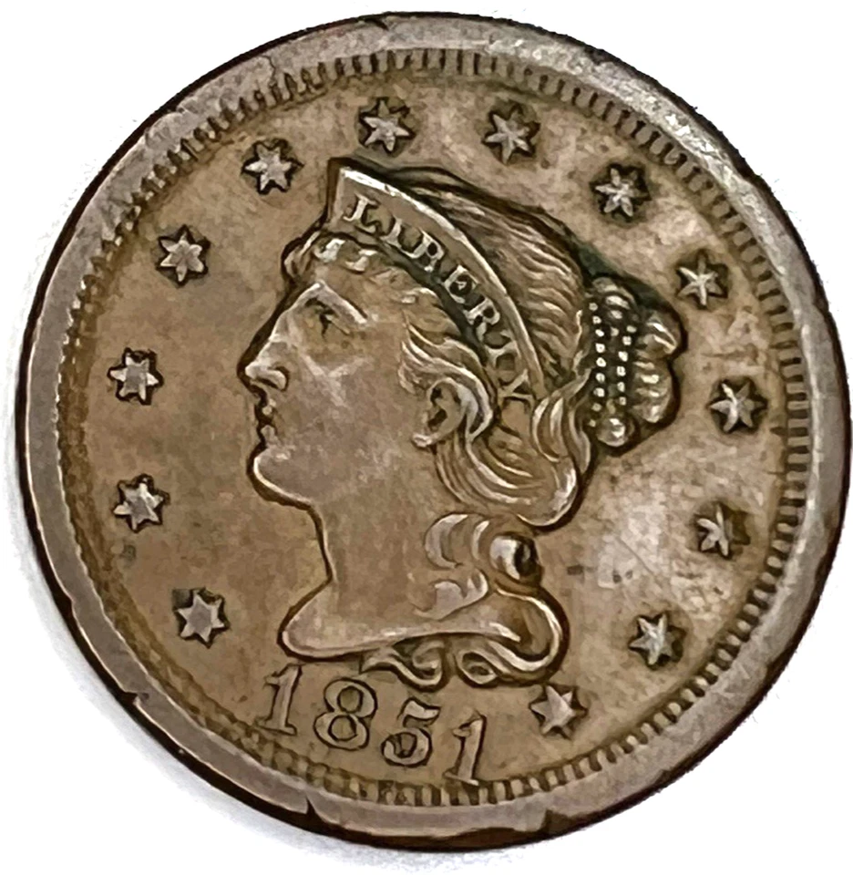 ✅ 1851 Coronet Braided Hair Large Cent AMAZING AU DETAIL Nice Color Sharp Strike - Image 1 of 4