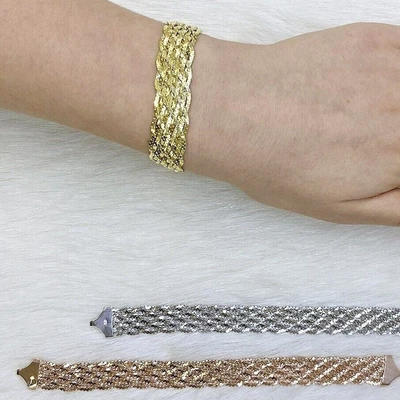 Brazalete trenzado amarillo blanco rosa sobre plata (eslabones sólidos) 7,5" Foto 1 de 4