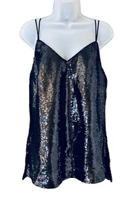 H &M Womens M Classic Black Sequin Blouse Cami Spaghetti Strap Cocktail Party - Picture 1 of 9