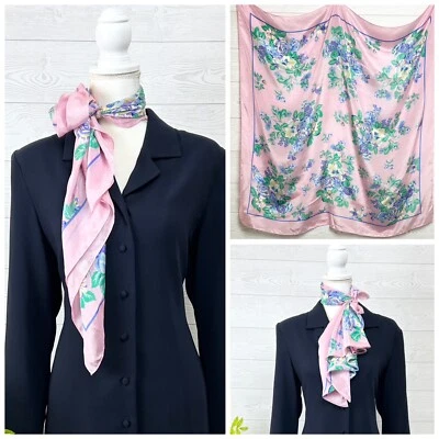 Vtg ECHO for MARSHALL FIELD'S pink Floral SILK Sheer SQUARE SCARF Japan 34x34 - Image 1 of 4