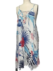 Lagaci Rayon Spaghetti Strap Tropical Dress L Lace Up Floral Dress Low Back - Picture 1 of 8
