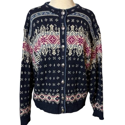 Vintage LL Bean Wool Knit Sweater Women's M Blue Fair Isle Nordic Cardigan - Image 1 of 4