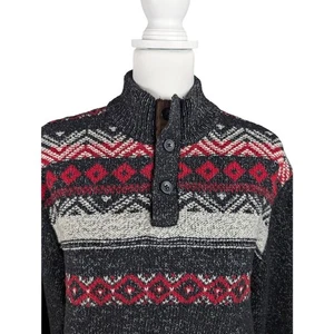 Chaps Sweater Mens Black Red Aztec Henley Pullover Knit Cotton Size XL Cozy - Picture 1 of 6