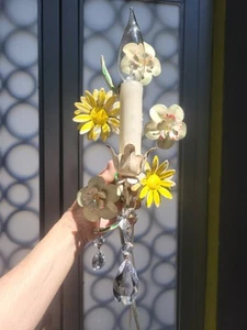 Vintage Italian Toleware Sconce Electric Fixture Daisy Flowers w/Crystals 12 x 6 - Picture 1 of 24
