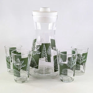 Vintage Libbey Green & White Leaves Design Juice Carafe & 4 Tumblers - Picture 1 of 8