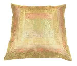 16x16" Beige-Gold Banarasi Silk Cushion Cover Featuring Zari Brocade Paisley - Picture 1 of 7