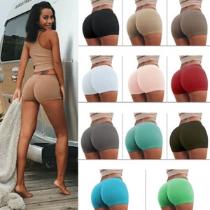Womens Gym Yoga Shorts Plain Cycle Sports Fitness Stretch Hot Pants Mini Shorts - Picture 1 of 75