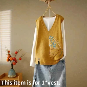 Women Butterfly Sleeveless Jumper Knit Vest Waistcoat Tank Top V Neck Sweater - Picture 1 of 13