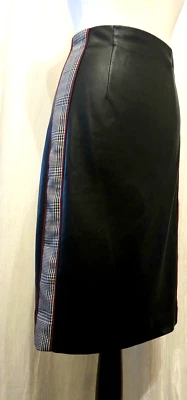 New Zara Black Faux Leather Plaid Tartan Piped Panel Pencil Knee Skirt. Sm. W27 - Image 1 of 4