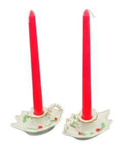 2er Set Kerzenhalter handbemalt 1986 Lefton weiß Stechpalme Kegel süß Vintage - Bild 1 von 8