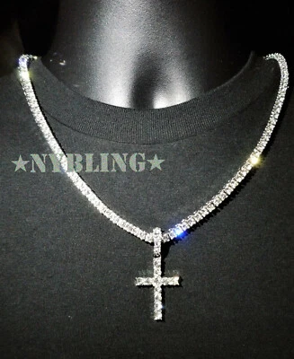 Collar gargantilla colgante cruz cadena tenis chapado en oro 14k circonita cúbica joyería helada 5 mm Foto 1 de 4