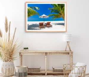 Beach Huts Print, Plam Trees Wall Art, Skyline Framed Beach Wall Art, Coastal - Bild 1 von 5