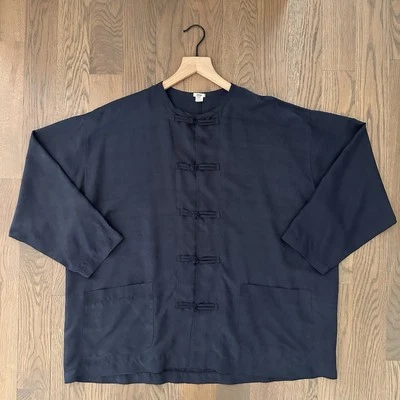 Dosa 100% Washed Silk Boxy Fit Long Sleeve Button Front Top in Navy Blue 2 / M - Image 1 of 4