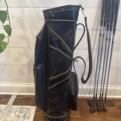 "Carrito de golf Macgregor vintage de cuero con aspecto rectangular de 7"" superior negro dorado" Foto 1 de 4