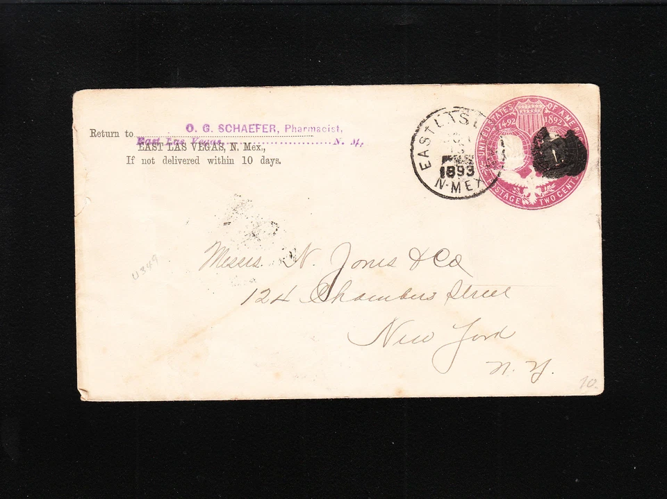 New Mexico Territory East Las Vegas O. Schaefer Pharmacist 2c Columbian 1893 ¤ - Image 1 of 1