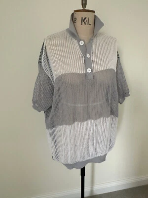 Raf Simons Striped Open-knit Oversized Polo Shirt In Light Grey - Size Medium - Image 1 of 4