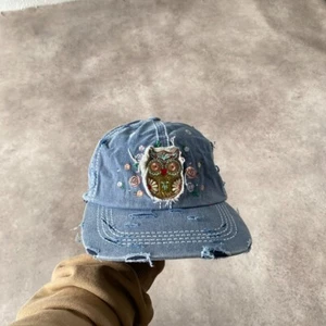 Owl Baseball Hat Mens USA Distressed Embroidered Strapback Cap Blue - Picture 1 of 8