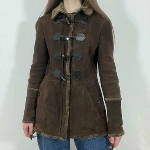 Burberry Brown Duffle & Zip Sheepskin Shearling Jacket Coat Size Uk 10 Us 8 - Picture 1 of 13